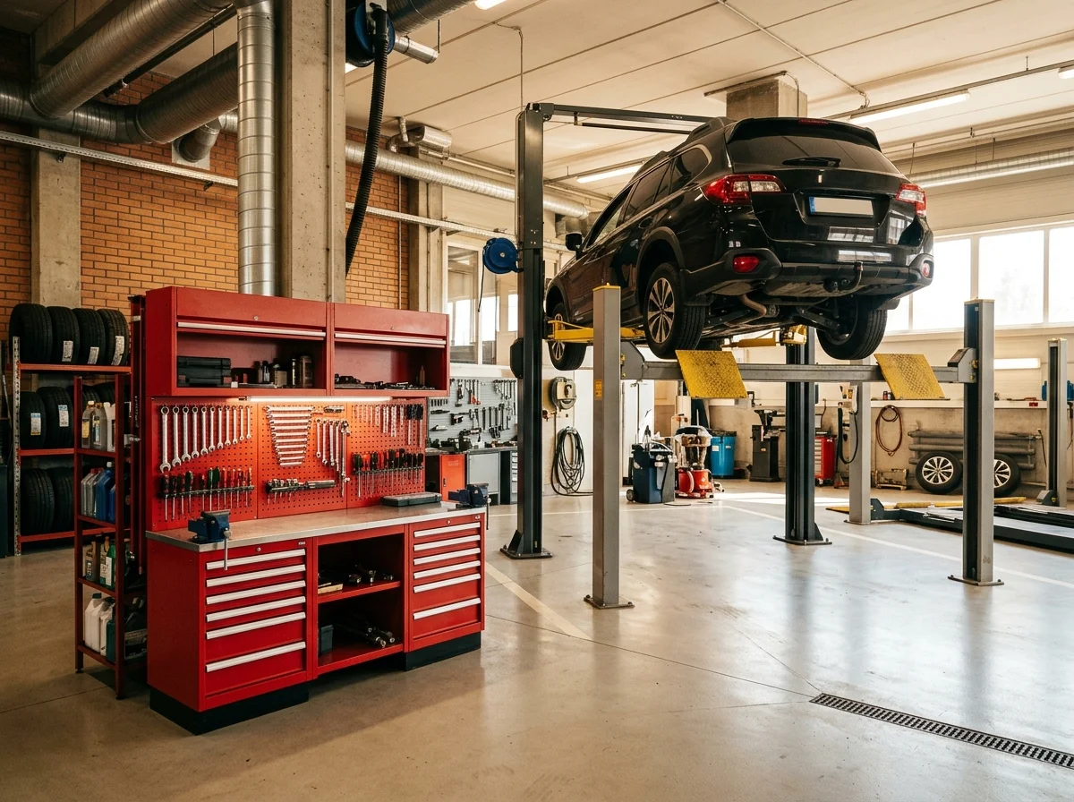 Interno dell'officina con auto sul ponte sollevatore